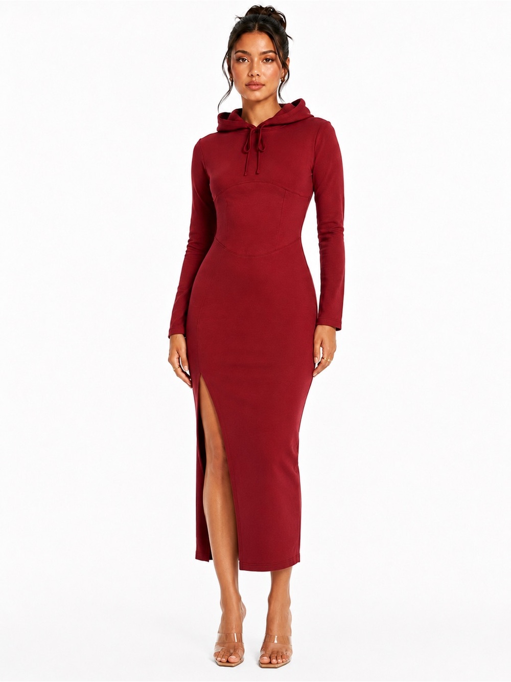 HALARA Burgundy Hooded Long-Sleeve Midi Dress with Side Slit